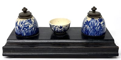 Lot 217 - Late 19th Century Ebonised Pen Stand with Blue Pottery Inkwells