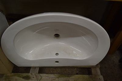 Lot 111 - A bathroom sink with boxed tap and pedestal,...