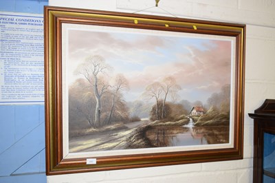 Lot 243 - David James, oil on canvas study of a water mill