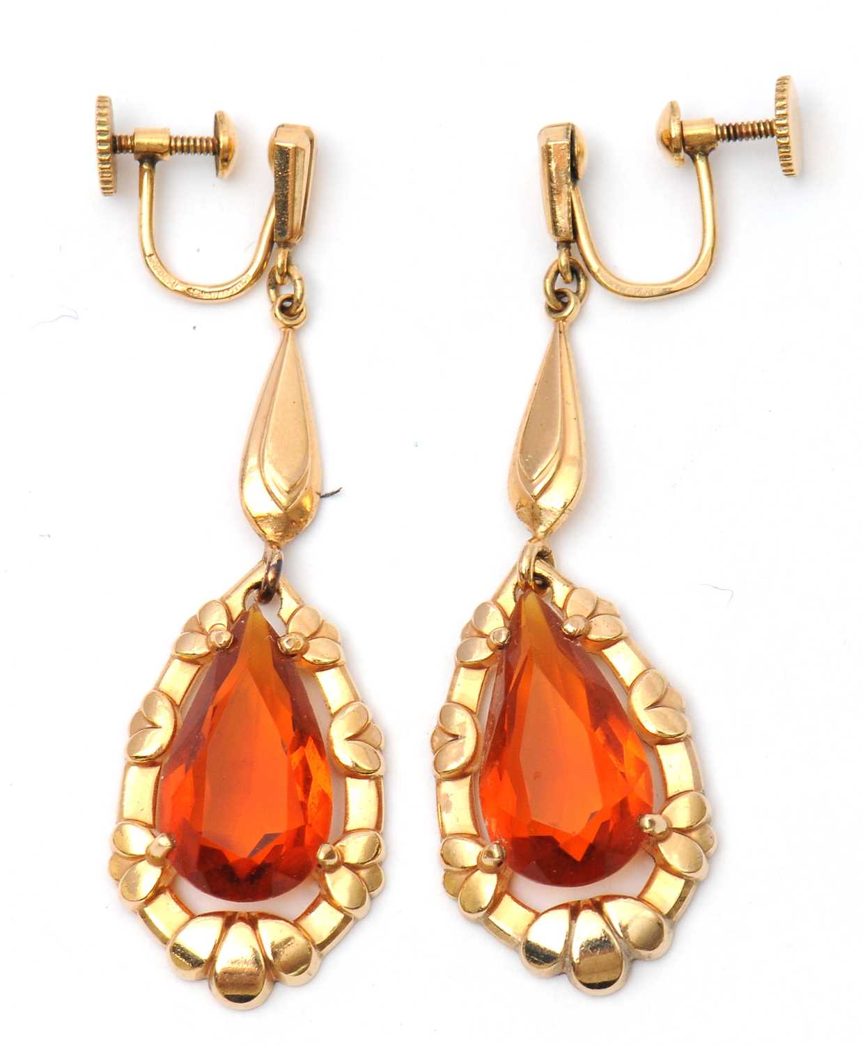 Lot 60 - A pair of citrine earrings, with pear shape...