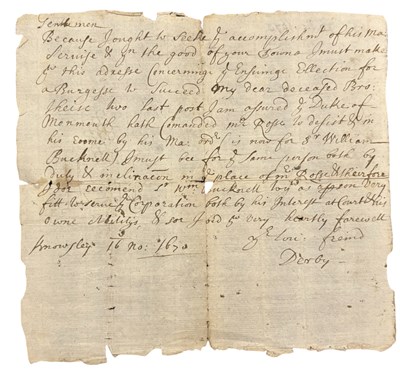 Lot 123 - MANUSCRIPT 1670. KING VIA DUKE OF MONMOUTH -...