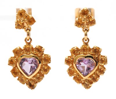 Lot 80 - A pair of 9ct amethyst and citrine earrings,...
