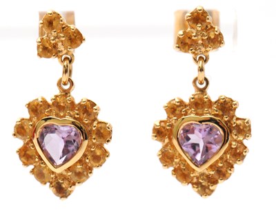 Lot 80 - A pair of 9ct amethyst and citrine earrings,...