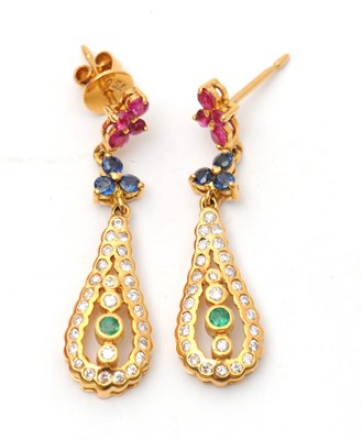 Lot 58 - A pair of multi gemset earrings: with trio's...