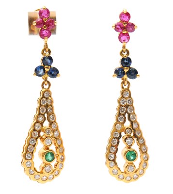 Lot 58 - A pair of multi gemset earrings: with trio's...