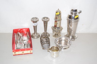 Lot 57 - Mixed Lot: Silver plated cocktail shaker,...