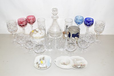 Lot 155 - A set of four coloured Hock glasses, decanter,...