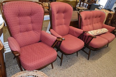 Lot 254 - A dark Ercol stick back three piece suite