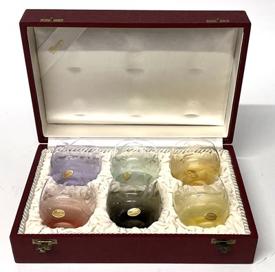 Lot 226 - Cased Set of Coloured Moser Tumblers with Engraved Bird Designs