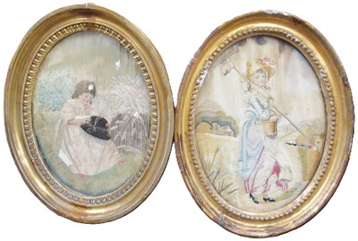 Lot 222 - Two oval painted and silkwork pictures, one of...