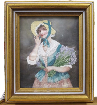 Lot 232 - A painted silkwork picture, of a young maiden...