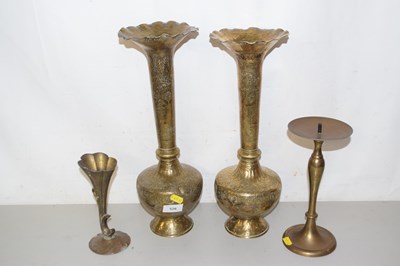 Lot 526 - A pair of large frilled brass vases and two...