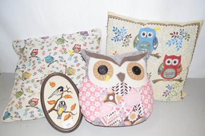 Lot 628 - Group of three owl cushions and a needlework...