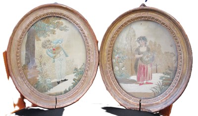 Lot 223 - A pair of oval painted and silkwork pictures,...