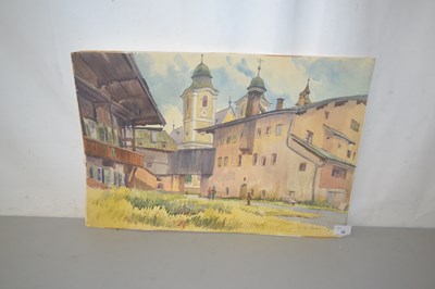 Lot 26 - Water colour of buildings with people in the...