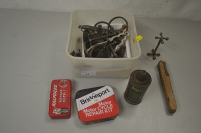 Lot 41 - Box containing qty of vintage tins, motorcycle...