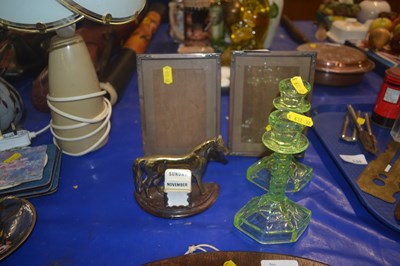 Lot 132 - Pressed green glass candlesticks, small...