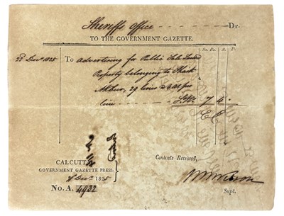 Lot 295 - INDIA. CALCUTTA. INVOICE MANUSCRIPT....