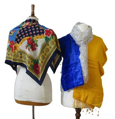 Lot 190 - Four scarves: including a white and grey silk...