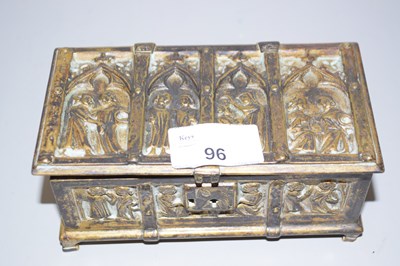 Lot 96 - A small brass table top box with blue fabric...