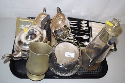 Lot 102 - A silver plated three piece teaset, cased...