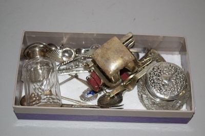 Lot 128 - Box of various cutlery, dressing table bottles...