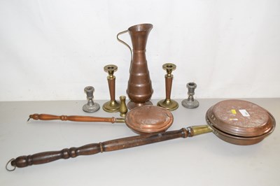 Lot 184 - Two bed warming pans, candlesticks and vases