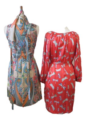 Lot 102 - Two silk dresses: to include a fitted paisley...