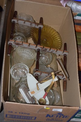 Lot 626 - One box of various glass wares, vintage scales...