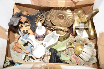Lot 527 - A box of various mixed brass wares, ceramics etc