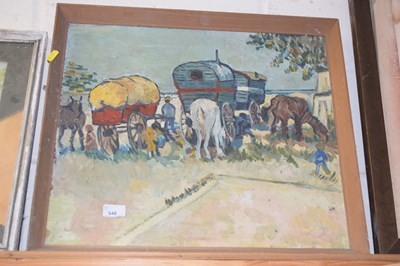 Lot 548 - An oil on board study of figures with horse...