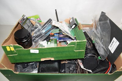 Lot 573 - Two boxes of various camera lenses,...