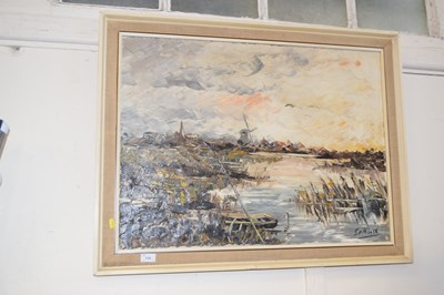 Lot 735 - A large framed oil painting of a Broads scene,...