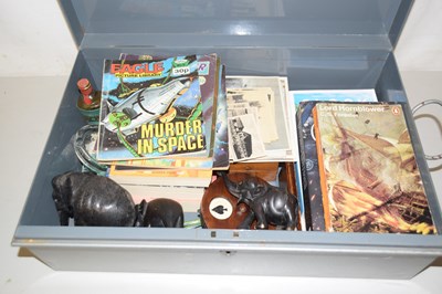 Lot 129 - A metal deed box containing assorted books,...
