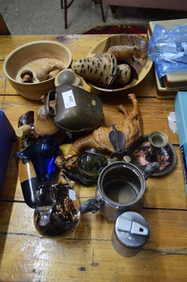 Lot 224 - MIXED LOT WOODEN ORNAMENTS, BOWLS, COW BELL ETC