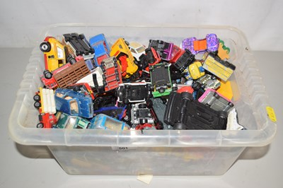 Lot 501 - A box of various play worn toy cars