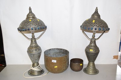 Lot 526 - A pair of brass table lamps, brass jardiniere etc