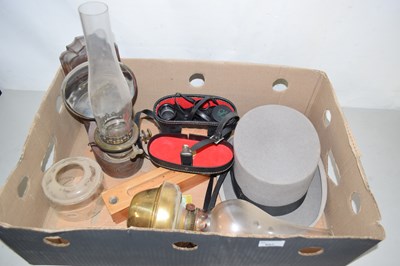 Lot 607 - One box of mixed wares to include oil lamps,...