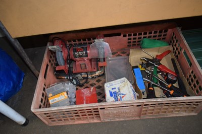 Lot 752 - Box of various assorted tools, bench grinder, etc