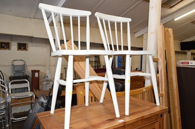 Lot 827 - Pair of white painted kitchen stick back chairs
