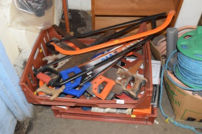 Lot 897 - Two boxes of various saws, garage clearance...