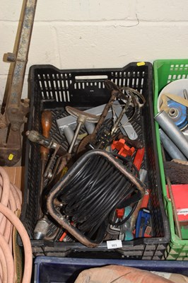 Lot 901 - Box of assorted tools, extension real etc