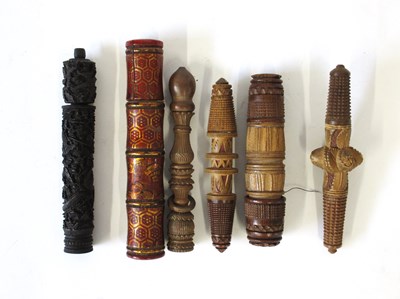 Lot 240 - Six needlework cases, including carved...