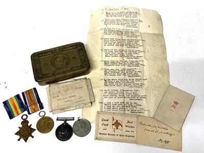 Lot 342 - WW1 Christmas Tin with WW1 Great War, Geo V Defence Medal and 1914/15 Star