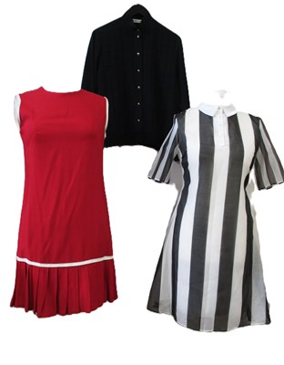 Lot 35 - A 1960's red shift dress with pleated hemline;...