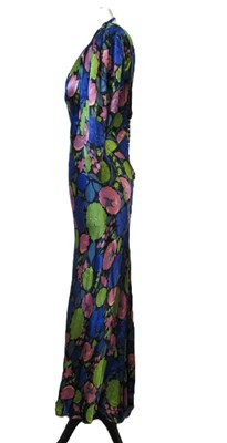 Lot 12 - A 1930's floral satin dress, with rounded...
