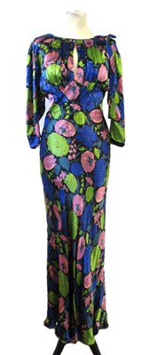 Lot 12 - A 1930's floral satin dress, with rounded...