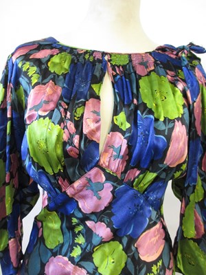 Lot 12 - A 1930's floral satin dress, with rounded...