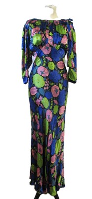 Lot 12 - A 1930's floral satin dress, with rounded...