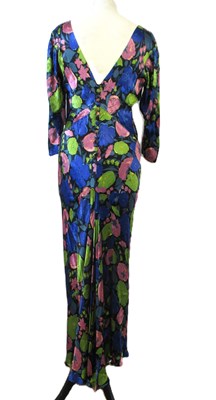 Lot 12 - A 1930's floral satin dress, with rounded...